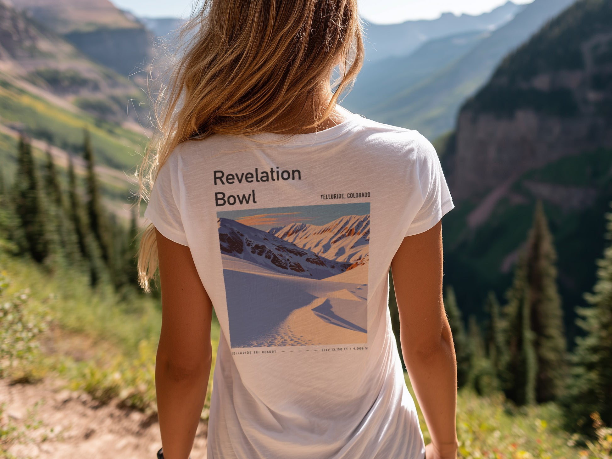 Revelation Bowl Ski T-Shirt | Telluride Mountain Art Tee — design printed on the back of the t-shirt