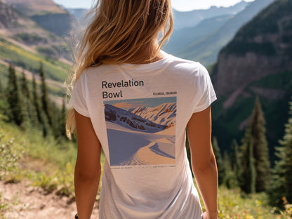 Revelation Bowl Ski T-Shirt | Telluride Mountain Art Tee — design printed on the back of the t-shirt