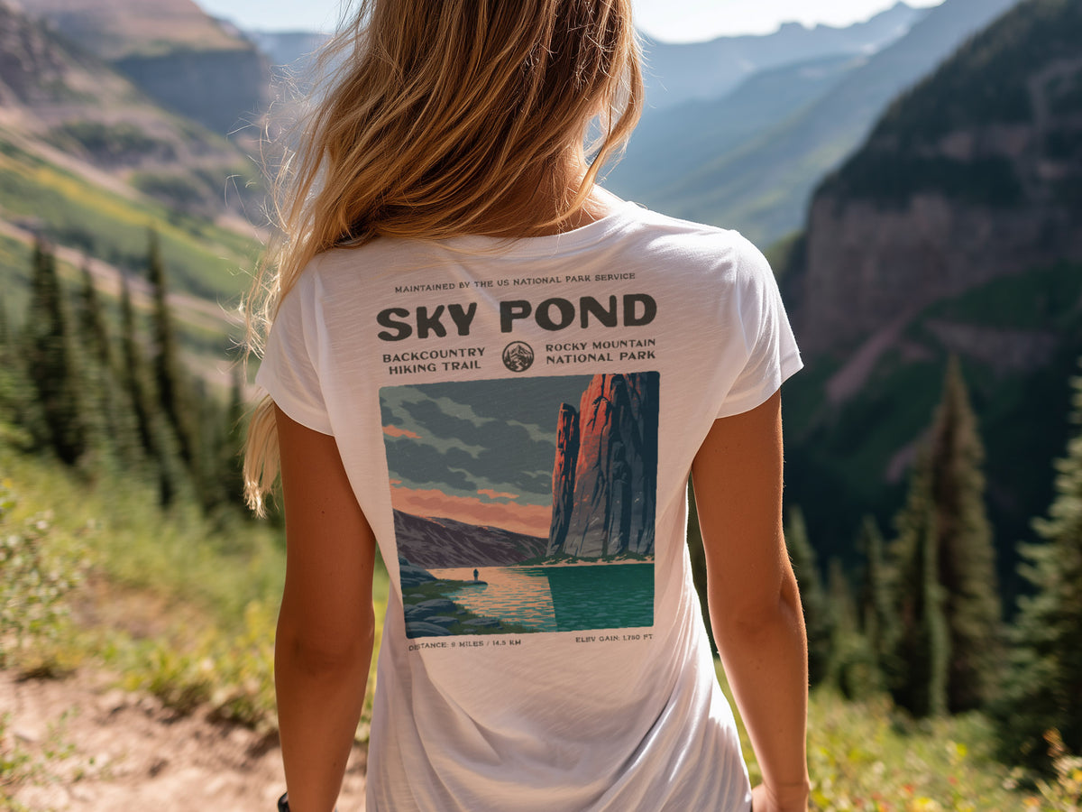 Sky Pond Hiking T-Shirt | Hiker Gift | Rocky Mountain Trail Tee — design printed on the back of the t-shirt