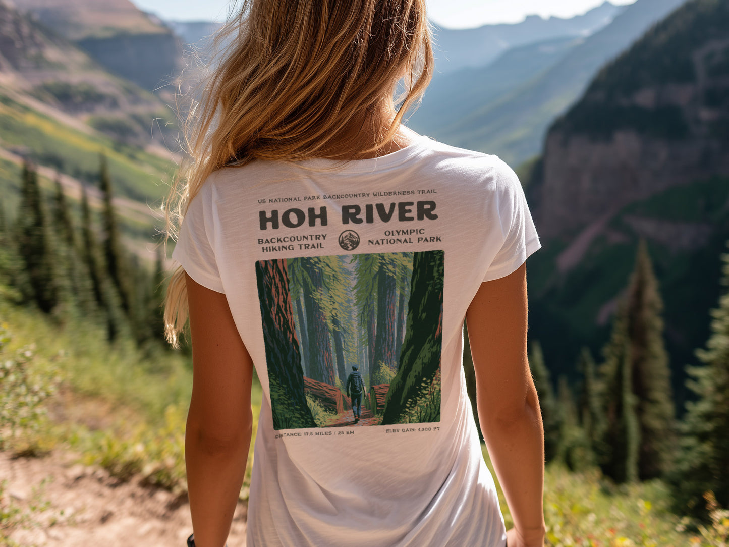 Hoh River Hiking T-Shirt | Olympic Rainforest Trail Art Tee — design printed on the back of the t-shirt