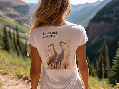 Sandhill Cranes Florida Travel T-Shirt | Wild Birds of the Sunshine State — design printed on the back of the t-shirt