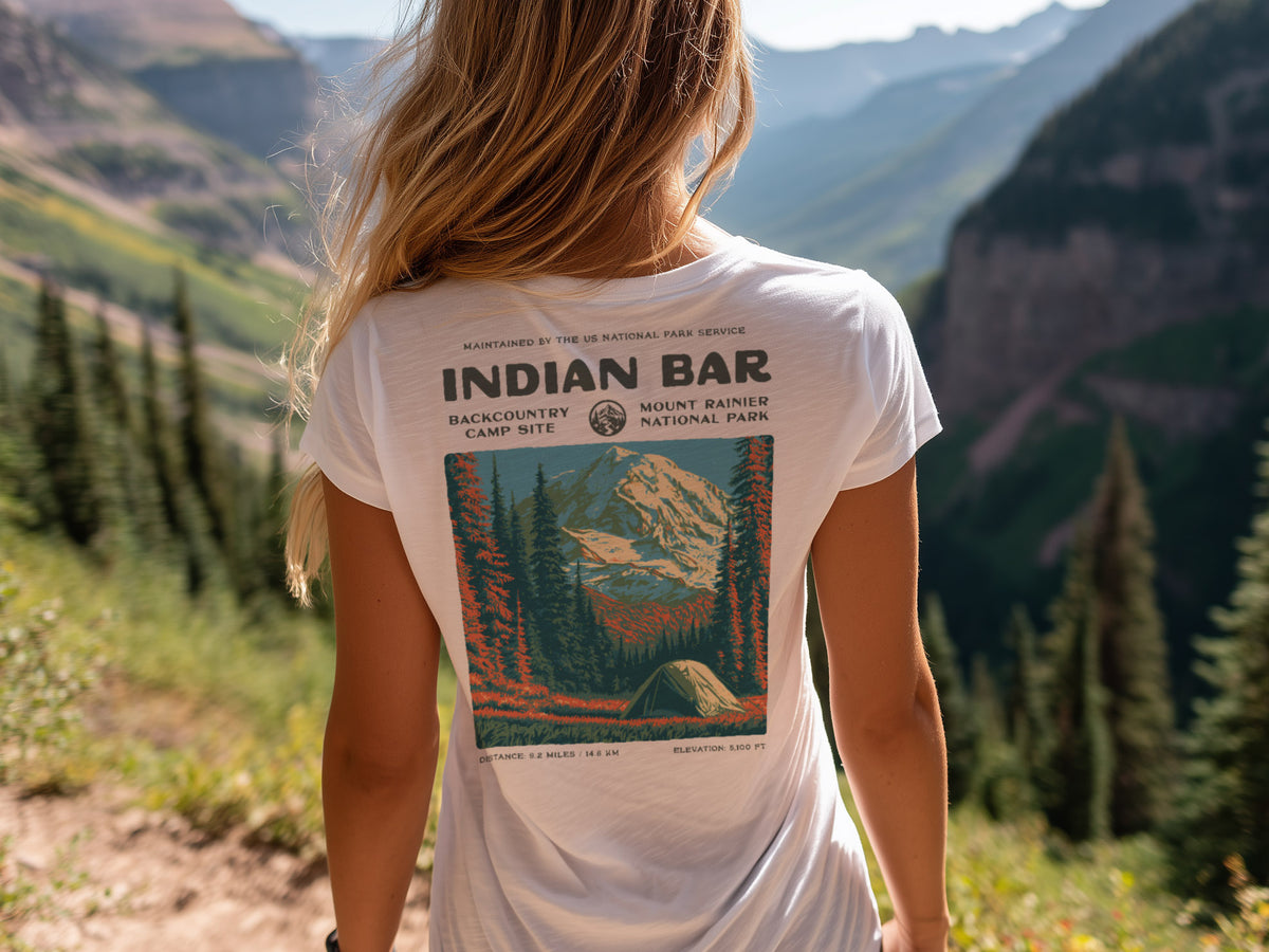 Indian Bar Hiking T-Shirt | Hiker Gift | Wild Rainier Trail Tee — design printed on the back of the t-shirt
