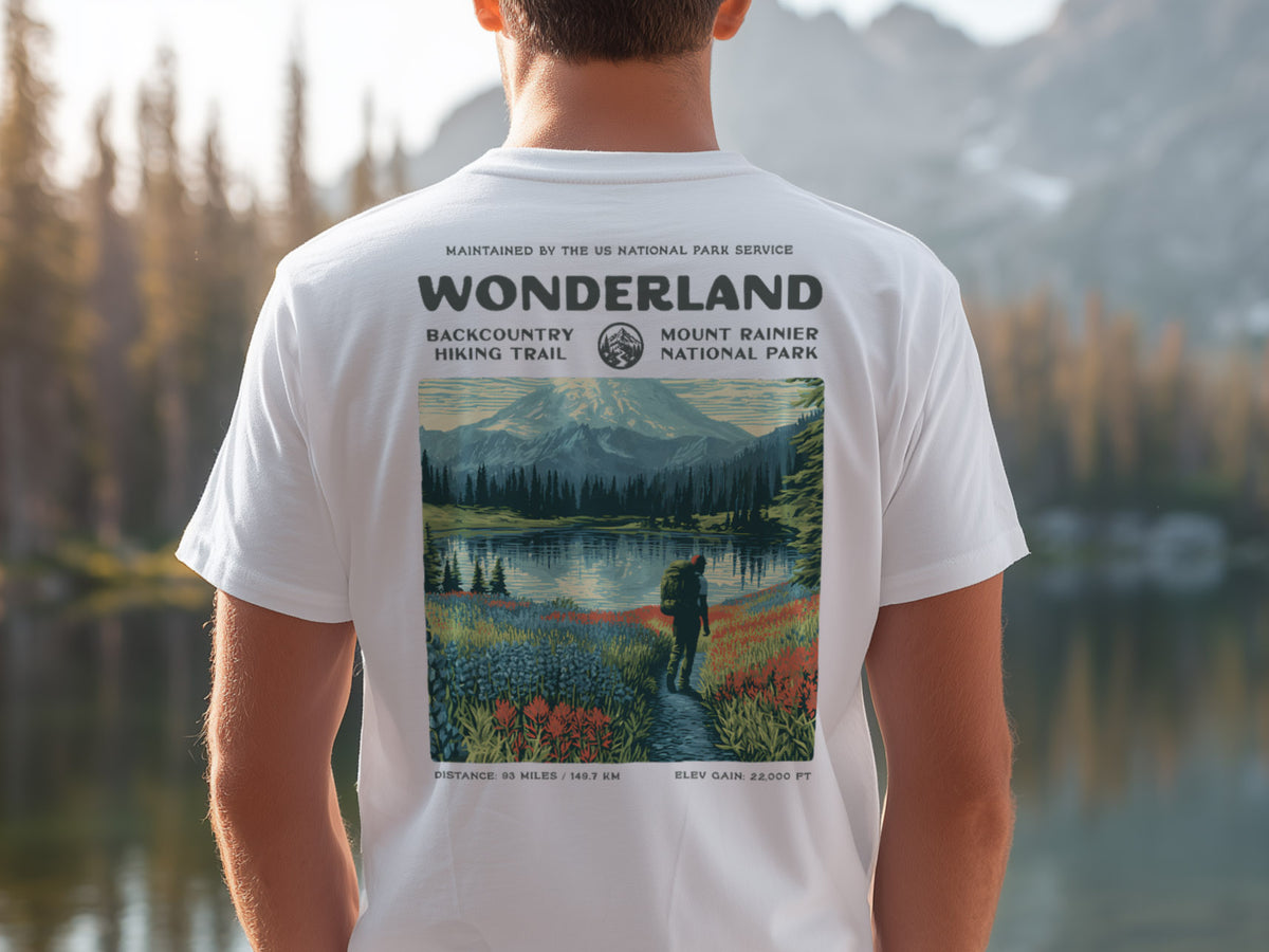 Wonderland Trail Hiking T-Shirt | Hiker Gift | Around Rainier Trail Tee — design printed on the back of the t-shirt