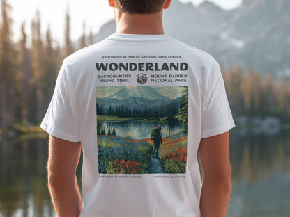 Wonderland Trail Hiking T-Shirt | Hiker Gift | Around Rainier Trail Tee — design printed on the back of the t-shirt