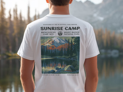 Sunrise Camp Hiking T-Shirt | Camper Gift | Alpine Glow Trail Tee — design printed on the back of the t-shirt