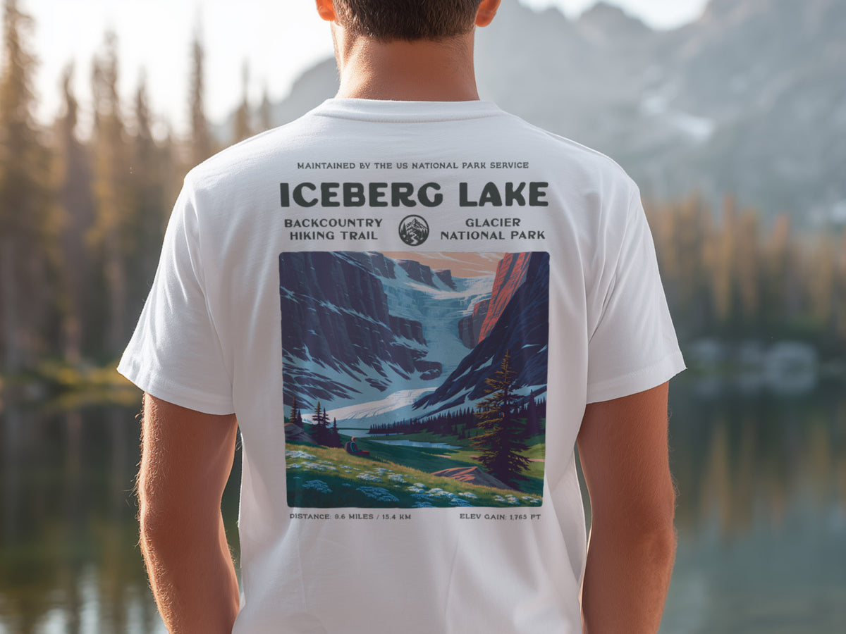 Iceberg Lake Hiking T-Shirt | Hiker Gift | Glacier National Park Tee — design printed on the back of the t-shirt