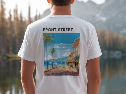 Front Street, Lahaina Travel T-Shirt | Old Maui Town Art Tee — design printed on the back of the t-shirt