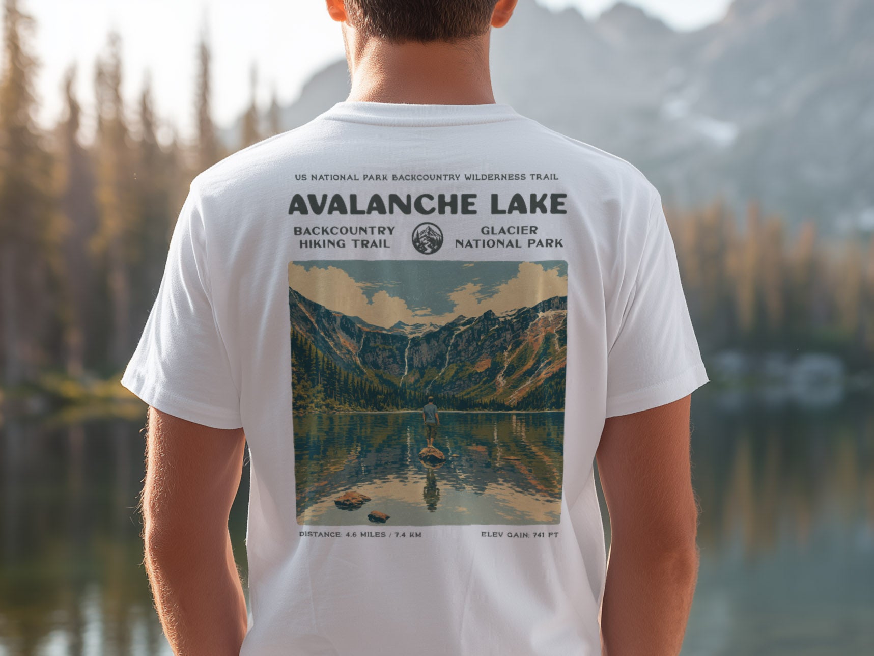 Avalanche Lake Hiking T-Shirt | Hiker Gift | Glacier Trail Tee — design printed on the back of the t-shirt