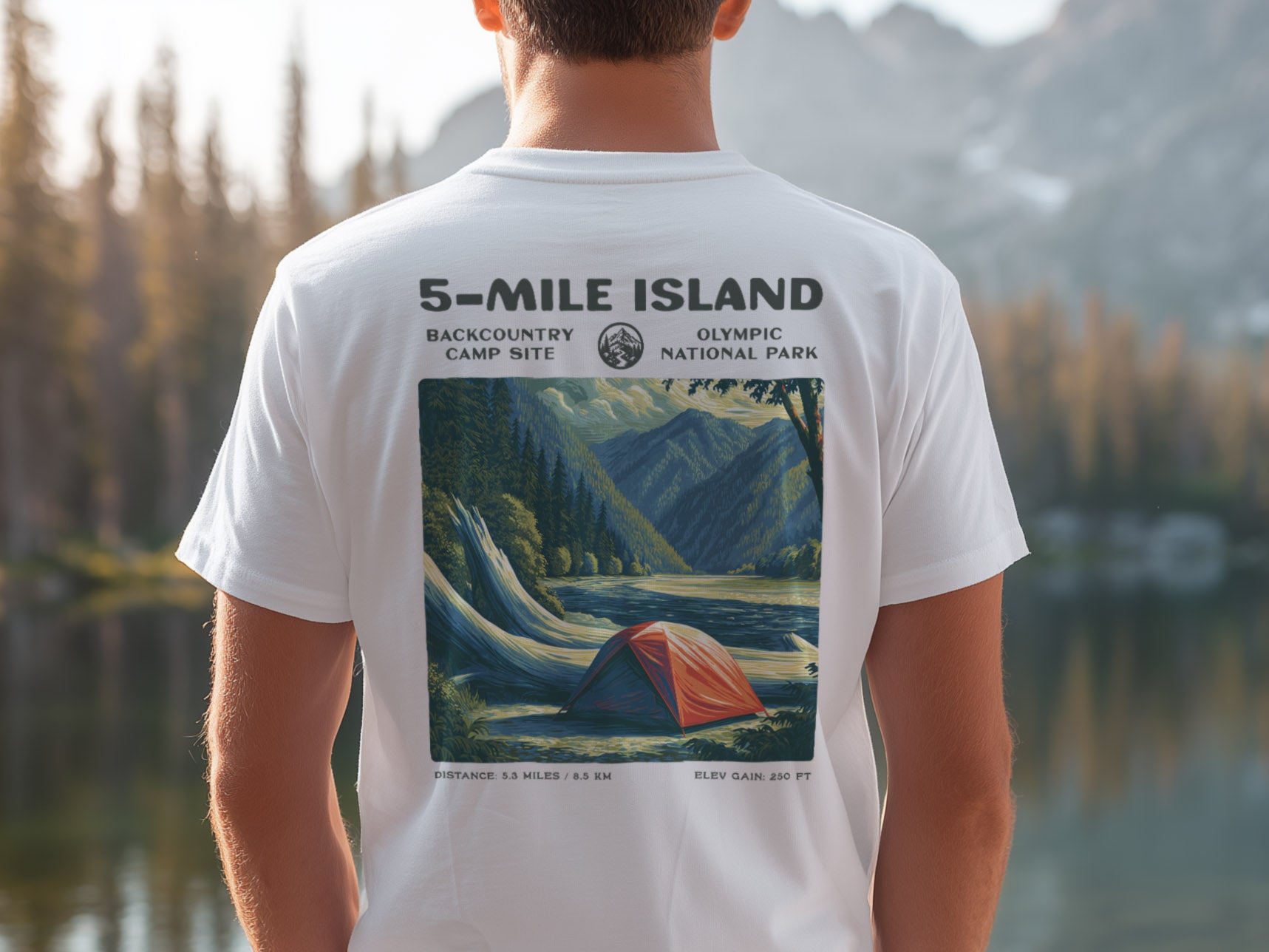 5-Mile Island Hiking T-Shirt | Hiker Gift | Olympic Peninsula Trail Tee — design printed on the back of the t-shirt