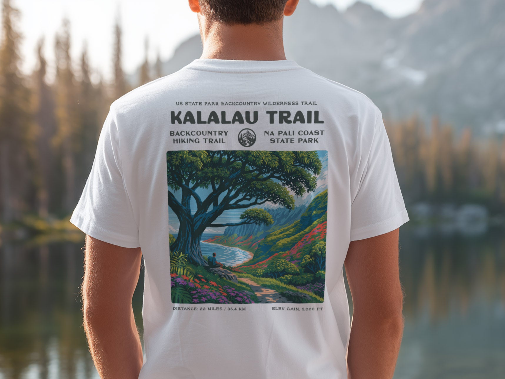 Kalalau Trail Hiking T-Shirt | Hiker Gift | Na Pali Coast Tee — design printed on the back of the t-shirt