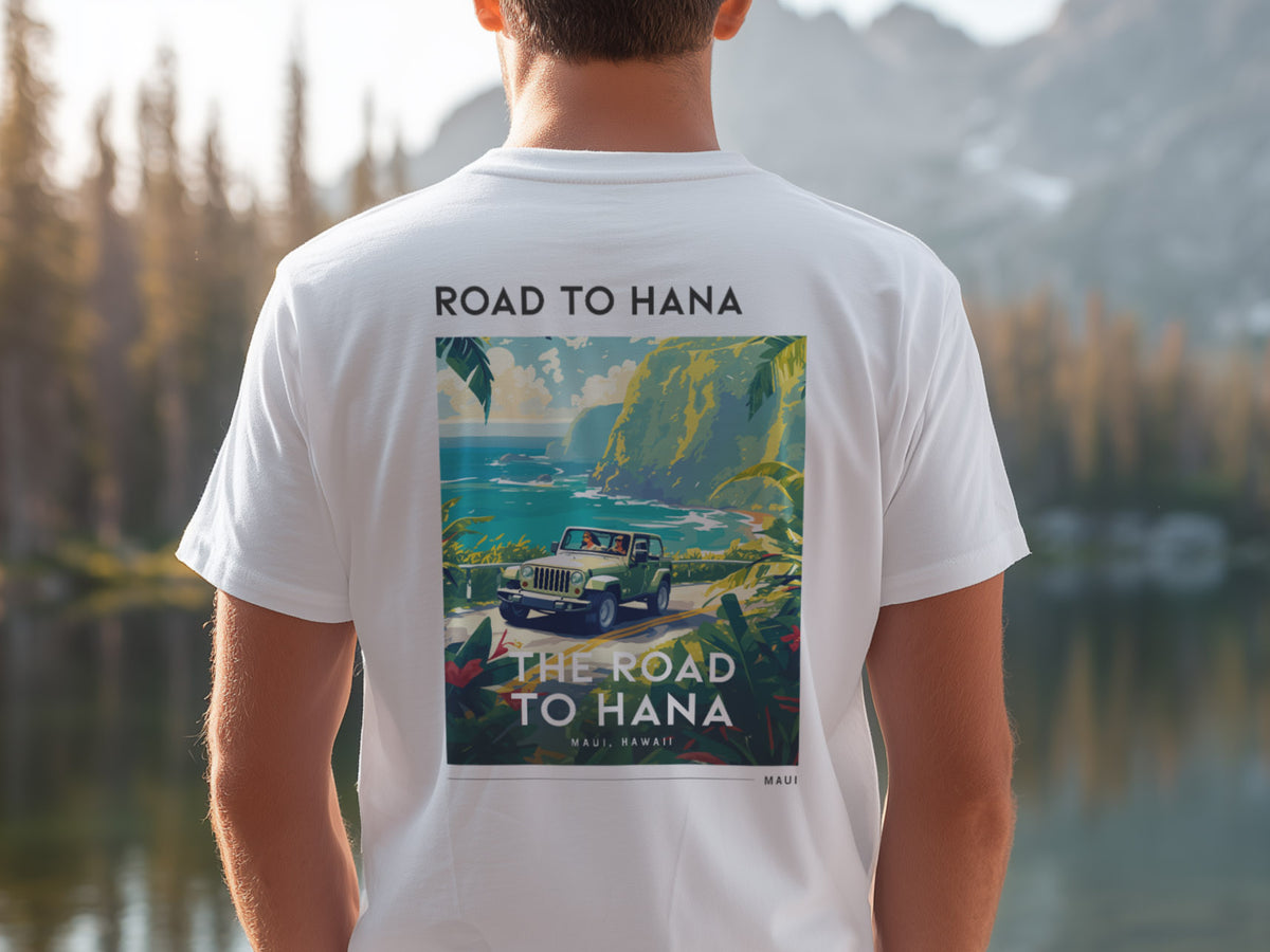 Road to Hana Travel T-Shirt | Maui Rainforest Drive Art Tee — design printed on the back of the t-shirt