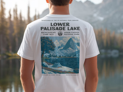 Lower Palisade Lake Hiking T-Shirt | Backpacker Gift | High Sierra Trail Tee — design printed on the back of the t-shirt