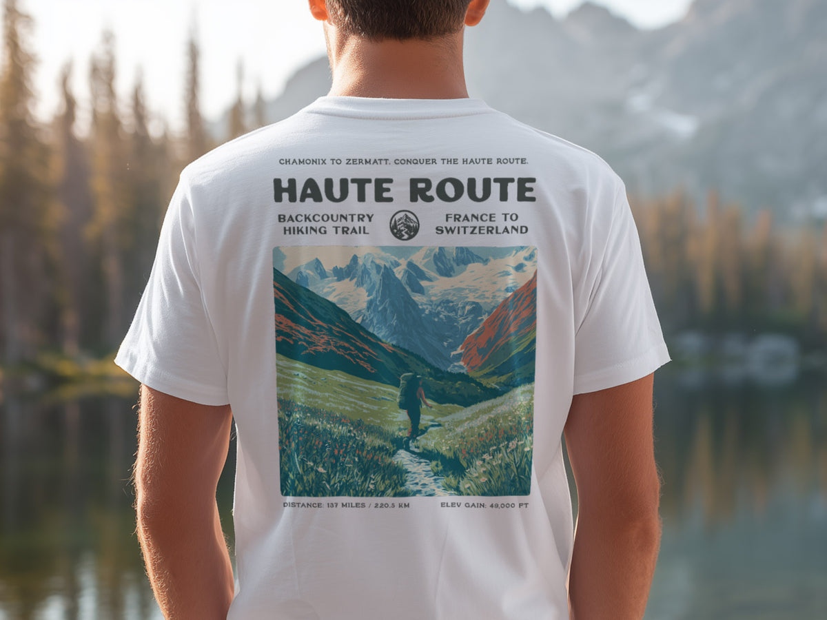 Walker's Haute Route Hiking T-Shirt | Hiker Gift | Alpine Epic Trail Tee — design printed on the back of the t-shirt