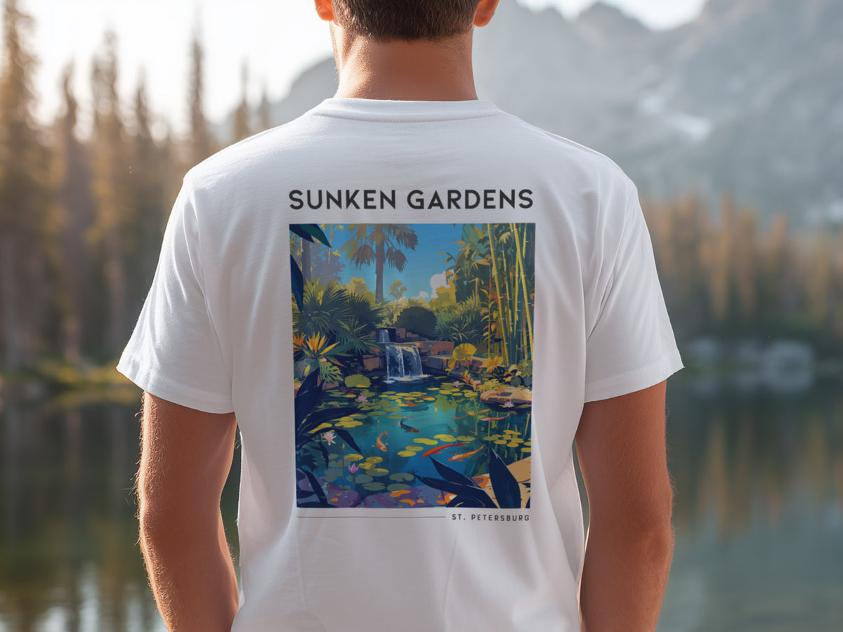 Sunken Gardens Travel T-Shirt | Tropical St. Petersburg Garden Art — design printed on the back of the t-shirt