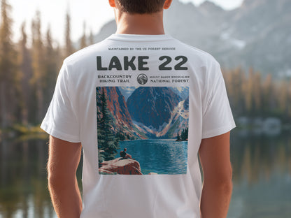 Lake 22 Hiking T-Shirt | Hiker Gift | Alpine Trail Wilderness Tee — design printed on the back of the t-shirt