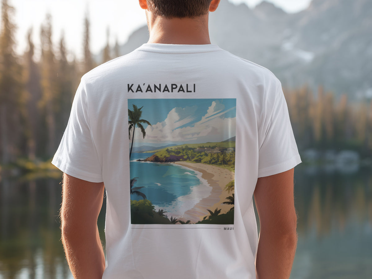 Ka'anapali, Maui Travel T-Shirt | Golden Shore Aloha Art Tee — design printed on the back of the t-shirt