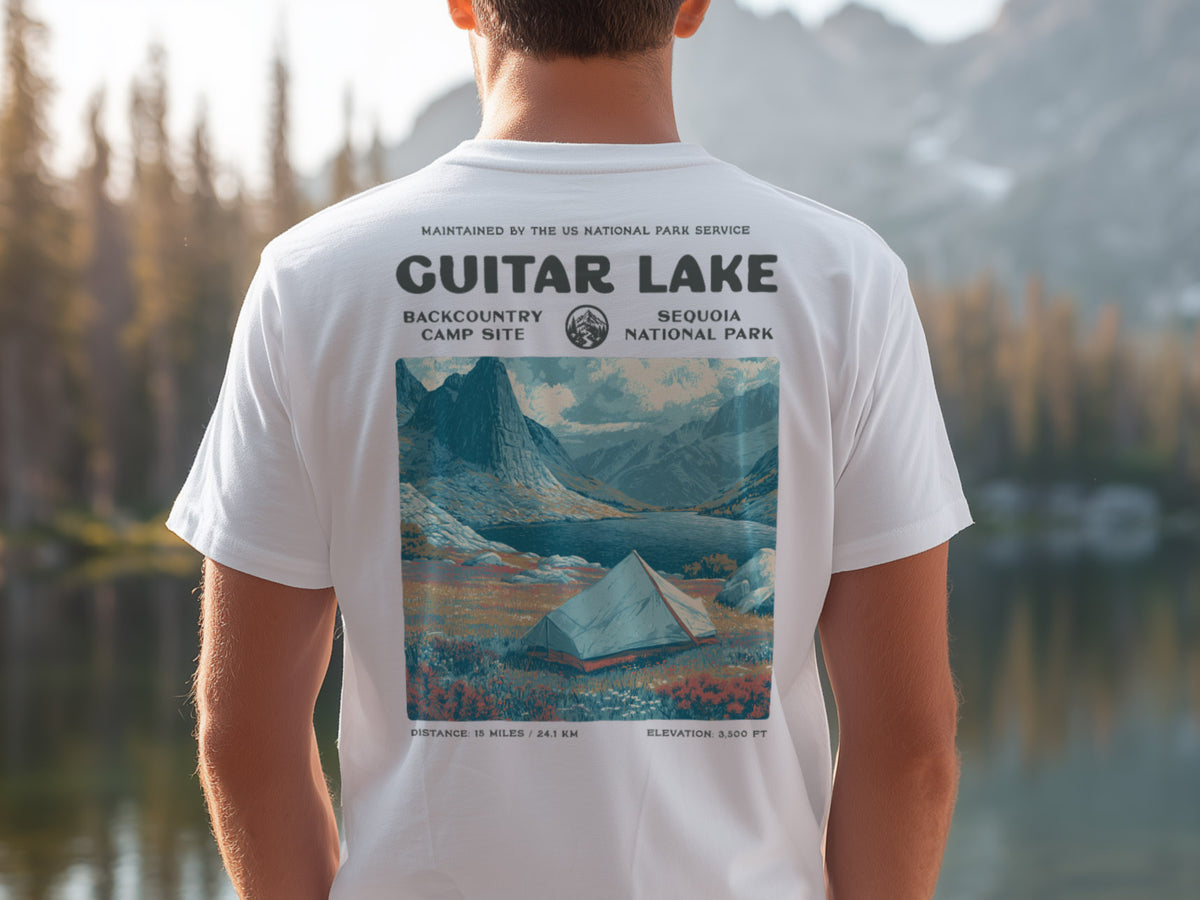 Guitar Lake Hiking T-Shirt | Backpacker Gift | High Sierra Wilderness Tee — design printed on the back of the t-shirt