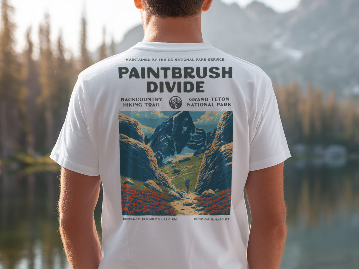 Paintbrush Divide Hiking T-Shirt | Hiker Gift | Teton Backcountry Trail Tee — design printed on the back of the t-shirt