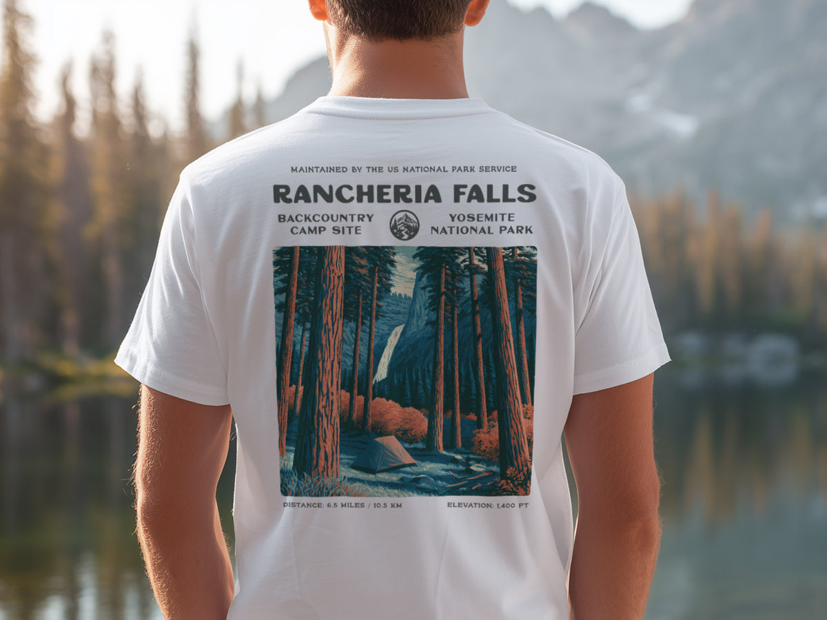 Rancheria Falls Hiking T-Shirt | Hiker Gift | Yosemite Backcountry Trail Tee — design printed on the back of the t-shirt