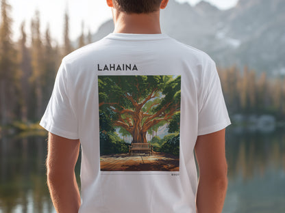 Lahaina, Maui Travel T-Shirt | Old Town Aloha Spirit Tee — design printed on the back of the t-shirt