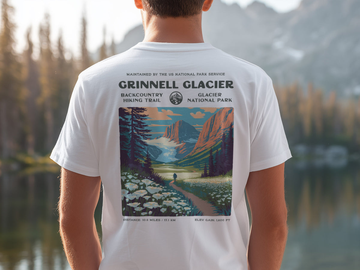 Grinnell Glacier Hiking T-Shirt | Hiker Gift | Glacier National Park Trail Tee — design printed on the back of the t-shirt