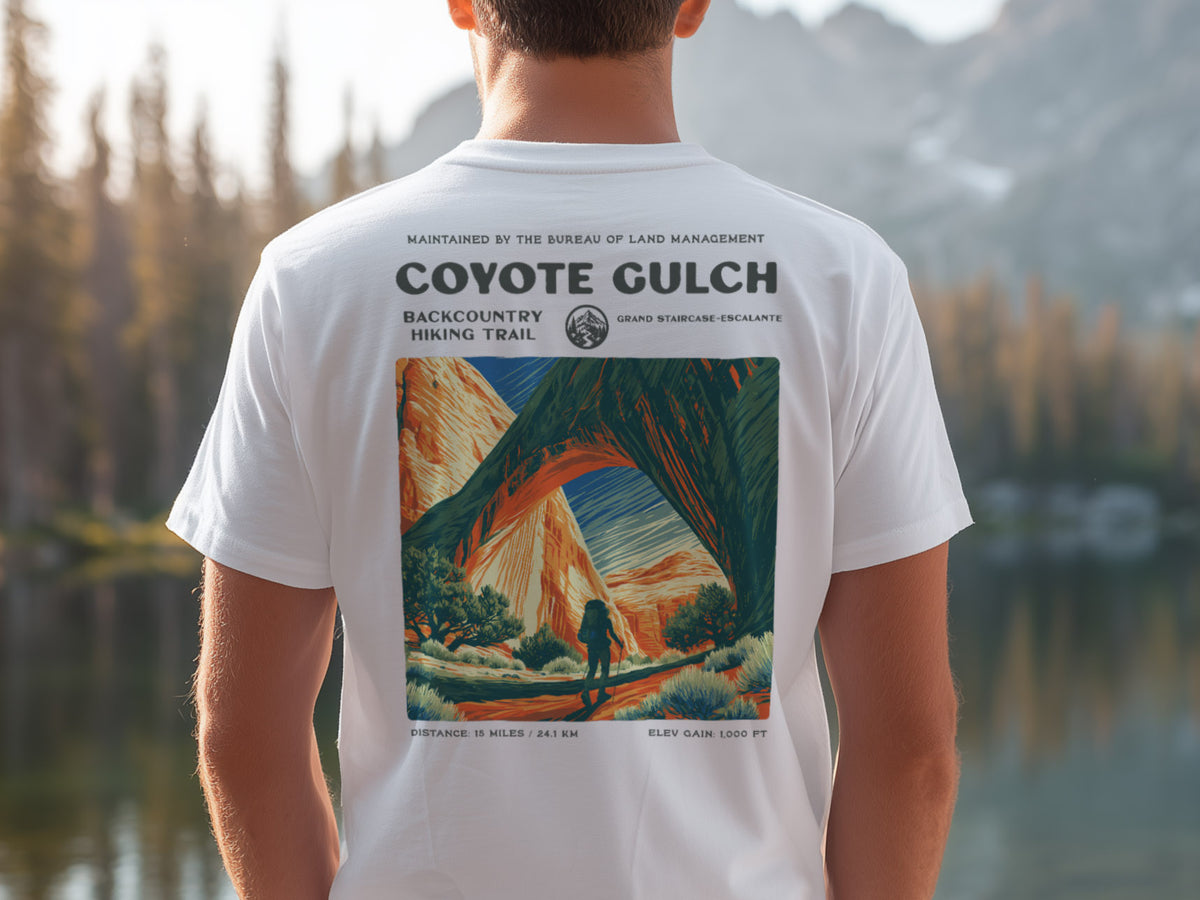 Coyote Gulch Hiking T-Shirt | Hiker Gift | Canyon Backcountry Trail Tee — design printed on the back of the t-shirt