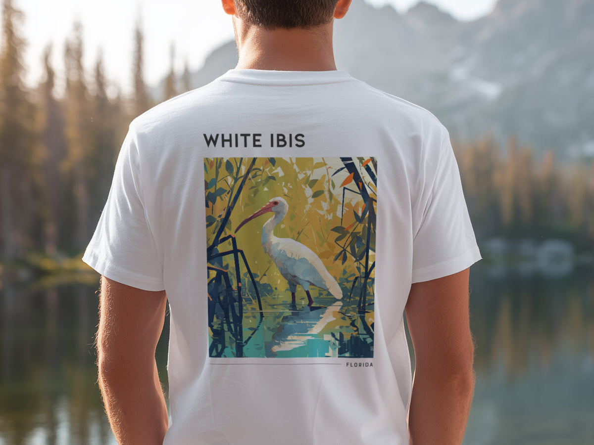 White Ibis Florida Travel T-Shirt | Coastal Bird Art Tee — design printed on the back of the t-shirt