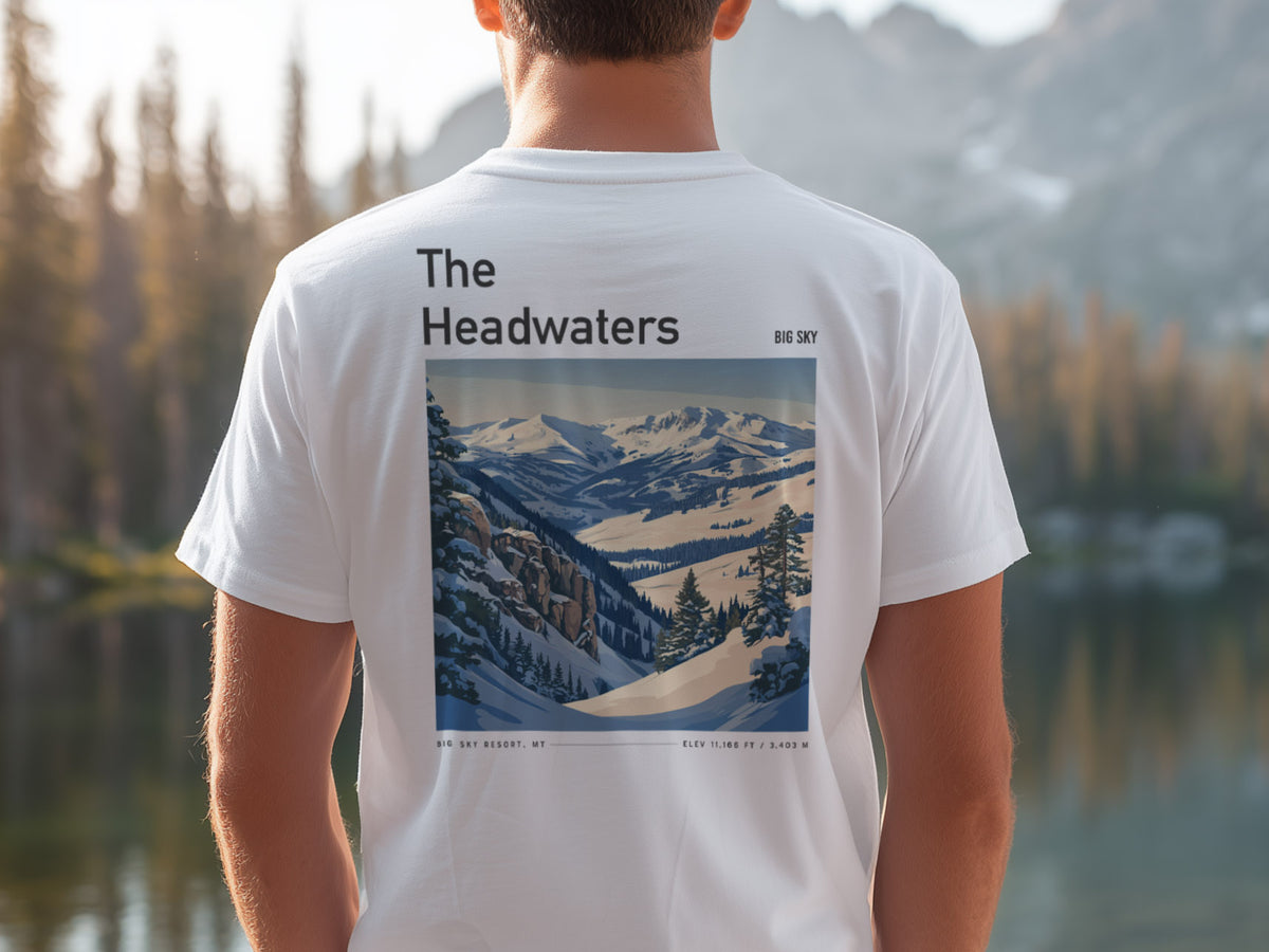 The Headwaters Ski T-Shirt | Big Sky Mountain Art Tee — design printed on the back of the t-shirt