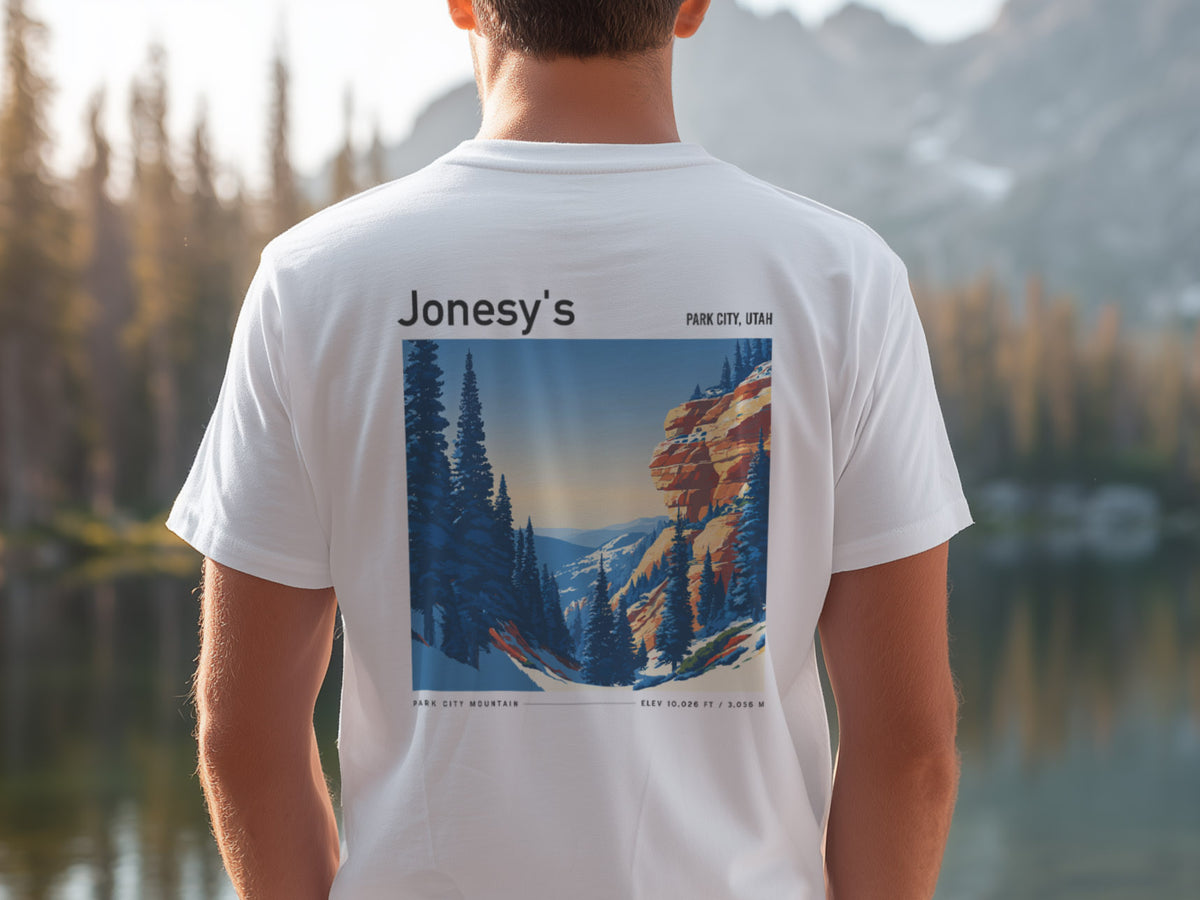 Jonesy's Park City Ski T-Shirt | Utah Mountain Run Art Tee — design printed on the back of the t-shirt