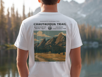 Chautauqua Trail Hiking T-Shirt | Hiker Gift | Boulder Colorado Trail Tee — design printed on the back of the t-shirt