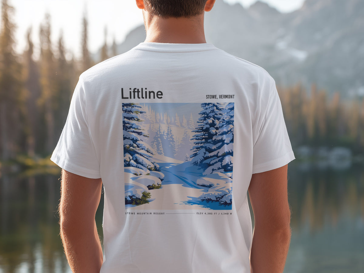 Liftline, Stowe Ski T-Shirt | Vermont Mountain Art Tee — design printed on the back of the t-shirt