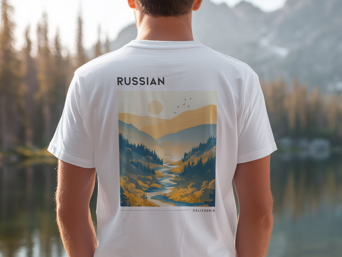 Russian River Valley Travel T-Shirt | Wine Country California Art Tee — design printed on the back of the t-shirt