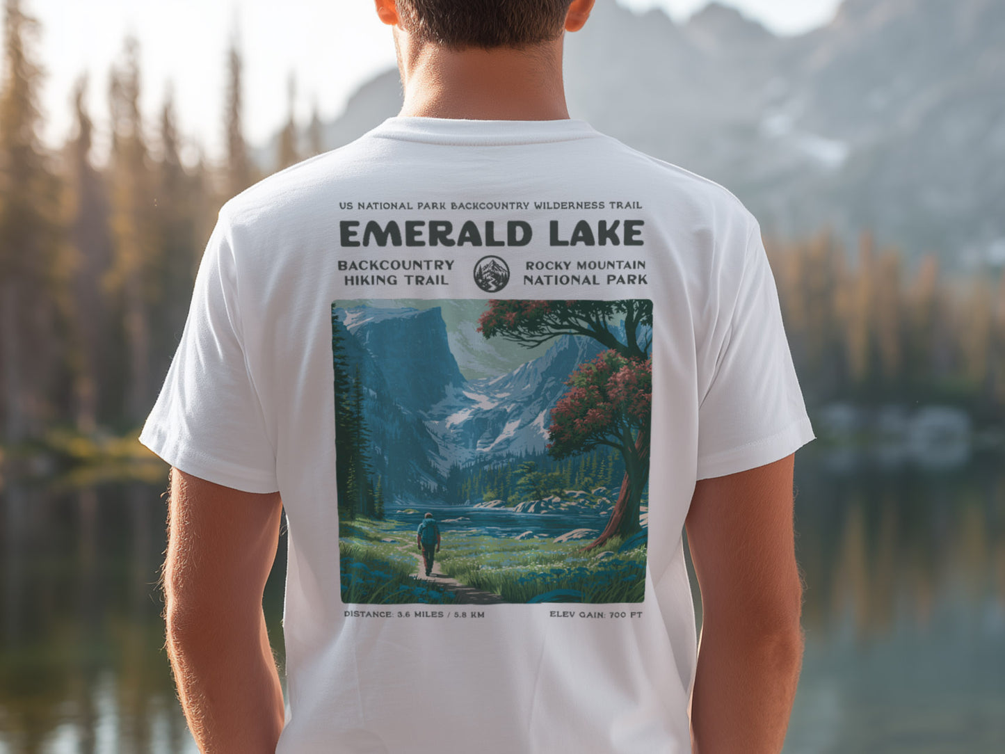 Emerald Lake Hiking T-Shirt | Hiker Gift | Rocky Mountain Trail Tee — design printed on the back of the t-shirt