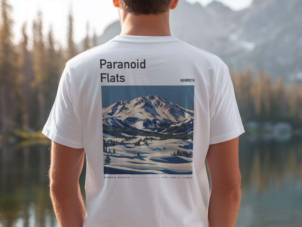 Paranoid Flats Ski T-Shirt | Mammoth Mountain Art Tee — design printed on the back of the t-shirt