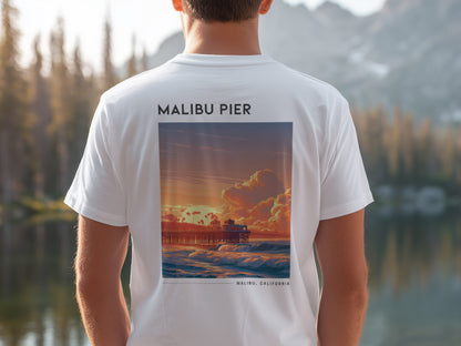 Malibu Pier Travel T-Shirt | Sun-Soaked California Coast Tee — design printed on the back of the t-shirt