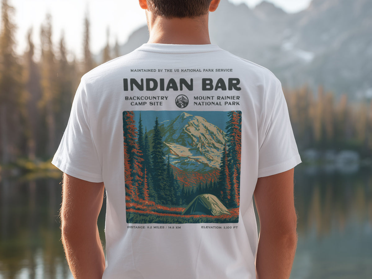 Indian Bar Hiking T-Shirt | Hiker Gift | Wild Rainier Trail Tee — design printed on the back of the t-shirt