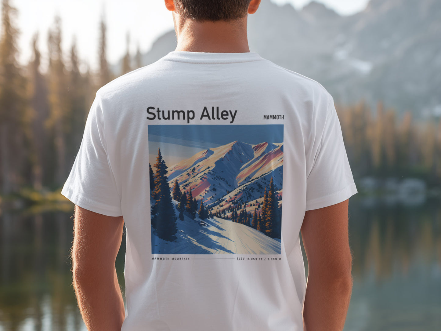 Stump Alley Ski T-Shirt | Mammoth Mountain Art Tee — design printed on the back of the t-shirt
