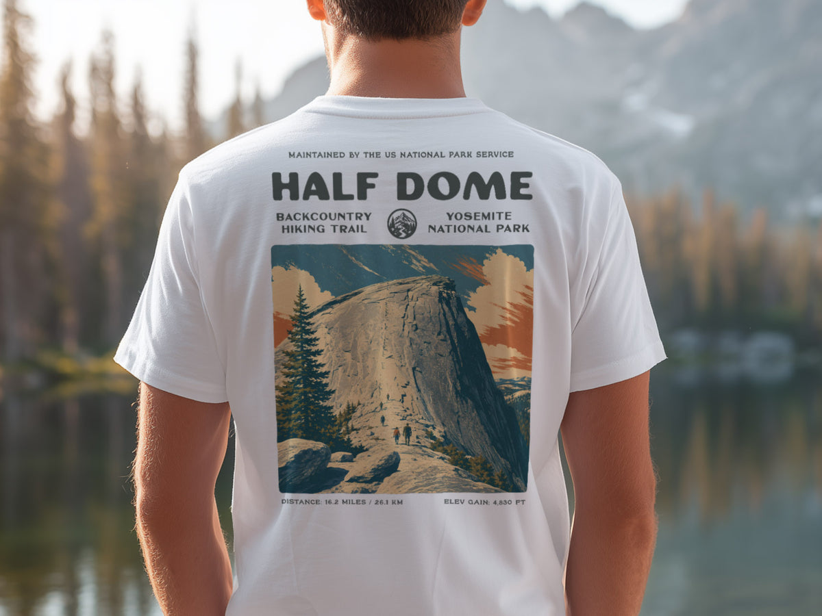 Half Dome Hiking T-Shirt | Hiker Gift | Yosemite Trail Tee — design printed on the back of the t-shirt