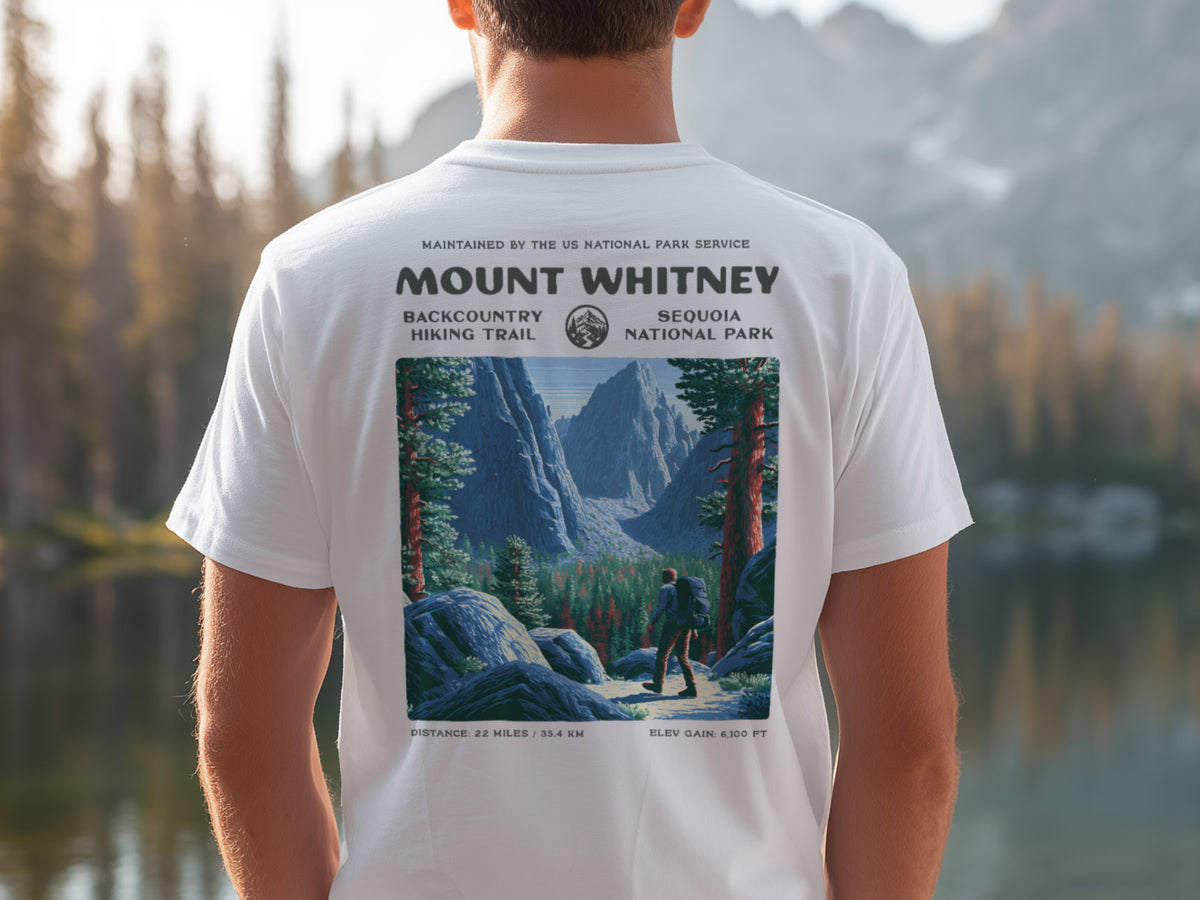 Mount Whitney Hiking T-Shirt | Hiker Gift | Summit Trail Block Print — design printed on the back of the t-shirt