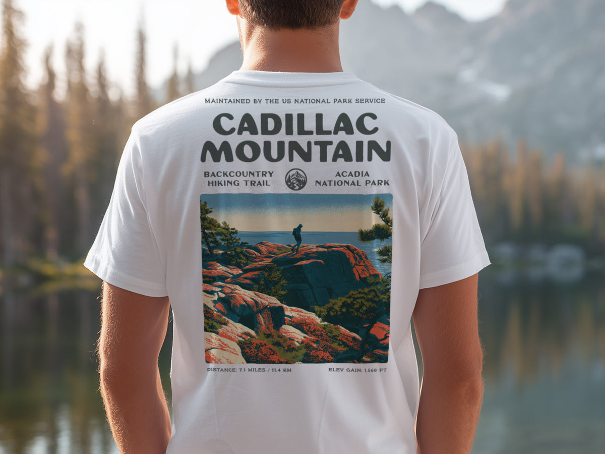 Cadillac Mountain South Ridge Hiking T-Shirt | Hiker Gift | Acadia Trail Tee — design printed on the back of the t-shirt