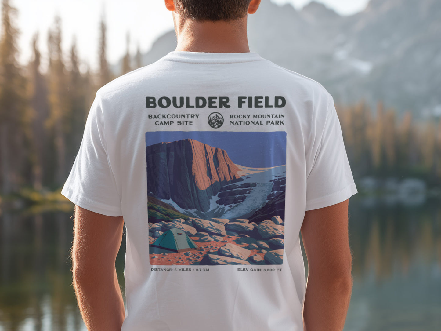 Boulder Field Hiking T-Shirt | Hiker Gift | Rocky Mountain Trail Tee — design printed on the back of the t-shirt