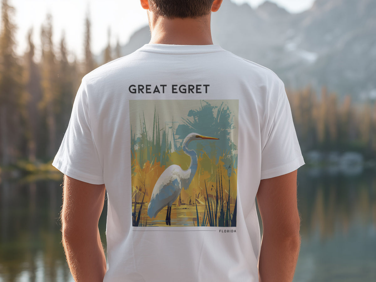 Florida Great Egret Travel T-Shirt | Coastal Wildlife Art Tee — design printed on the back of the t-shirt