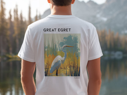 Florida Great Egret Travel T-Shirt | Coastal Wildlife Art Tee — design printed on the back of the t-shirt