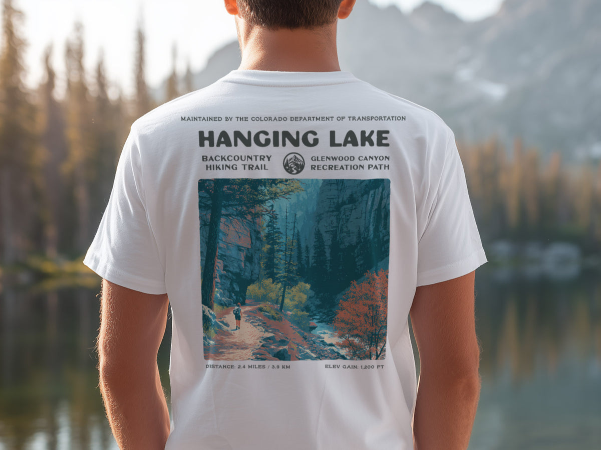 Hanging Lake Hiking T-Shirt | Hiker Gift | Glenwood Canyon Trail Tee — design printed on the back of the t-shirt