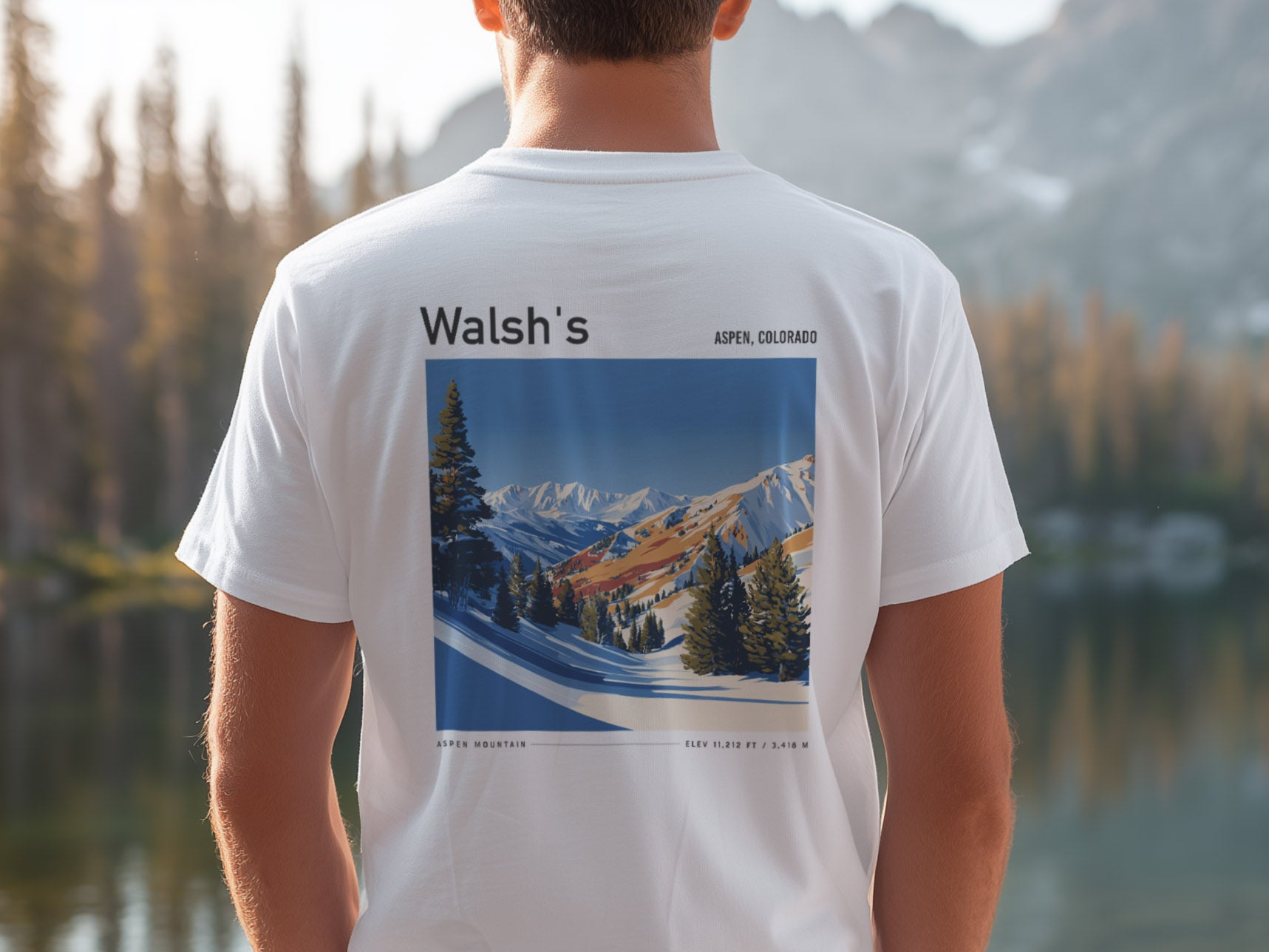 Walsh's Aspen Ski T-Shirt | Rocky Mountain Legend Art Tee — design printed on the back of the t-shirt