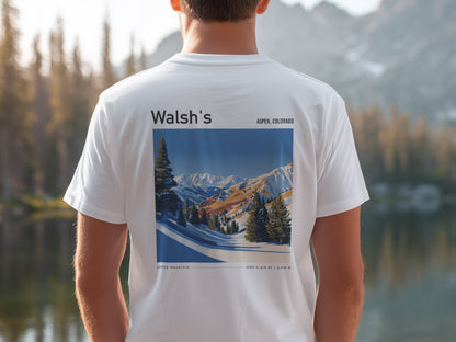 Walsh's Aspen Ski T-Shirt | Rocky Mountain Legend Art Tee — design printed on the back of the t-shirt