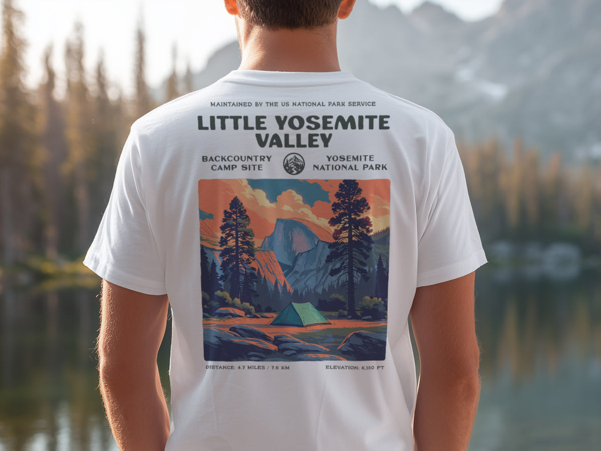Little Yosemite Valley Hiking T-Shirt | Hiker Gift | High Sierra Trail Tee — design printed on the back of the t-shirt