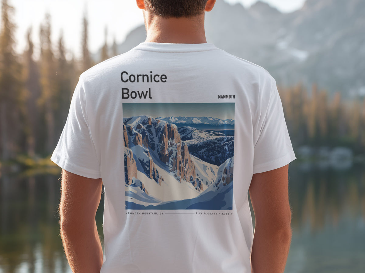 Cornice Bowl Ski T-Shirt | Mammoth Mountain Art Tee — design printed on the back of the t-shirt