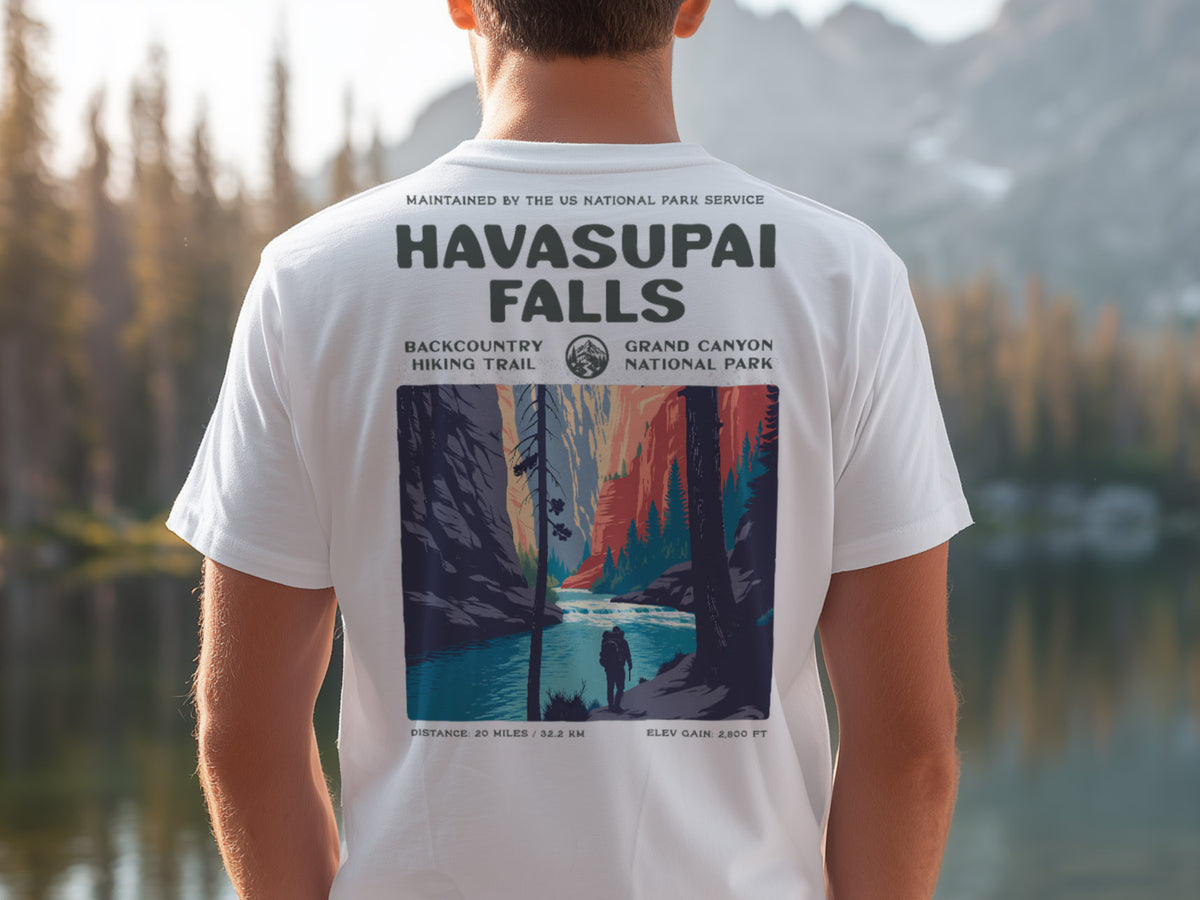 Havasupai Falls Hiking T-Shirt | Hiker Gift | Turquoise Canyon Trail Tee — design printed on the back of the t-shirt