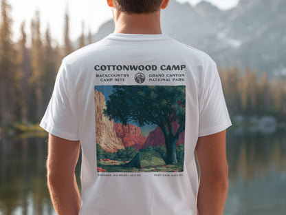 Cottonwood Camp Hiking T-Shirt | Camper Gift | Grand Canyon Backcountry Tee — design printed on the back of the t-shirt